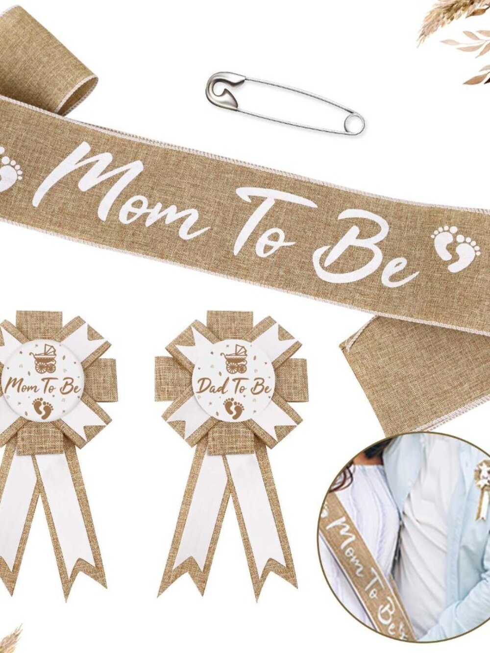 Neutral Burlap Mom to Be Sash Dad to Be Pin Baby Shower Decorations